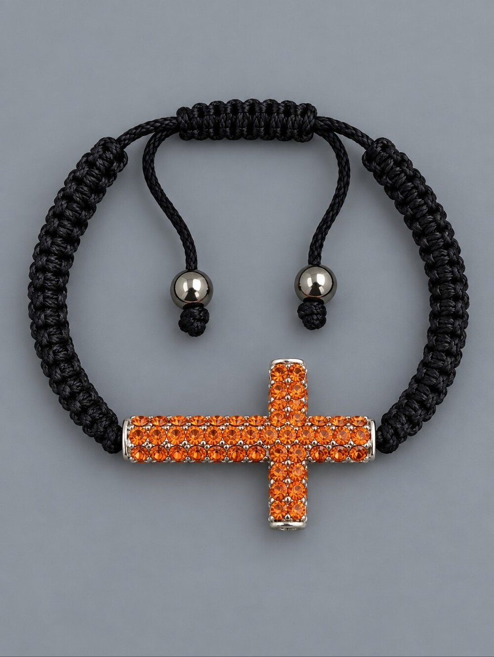 3/$30 Orange Paved Rhinestone Cross Macrame Adjustable Slide Bracelet
